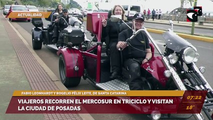 Viajeros recorren el Mercosur en triciclo y visitan la ciudad de Posadas