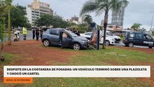 Despiste en la Costanera de Posadas: un vehículo terminó sobre una plazoleta y chocó un cartel