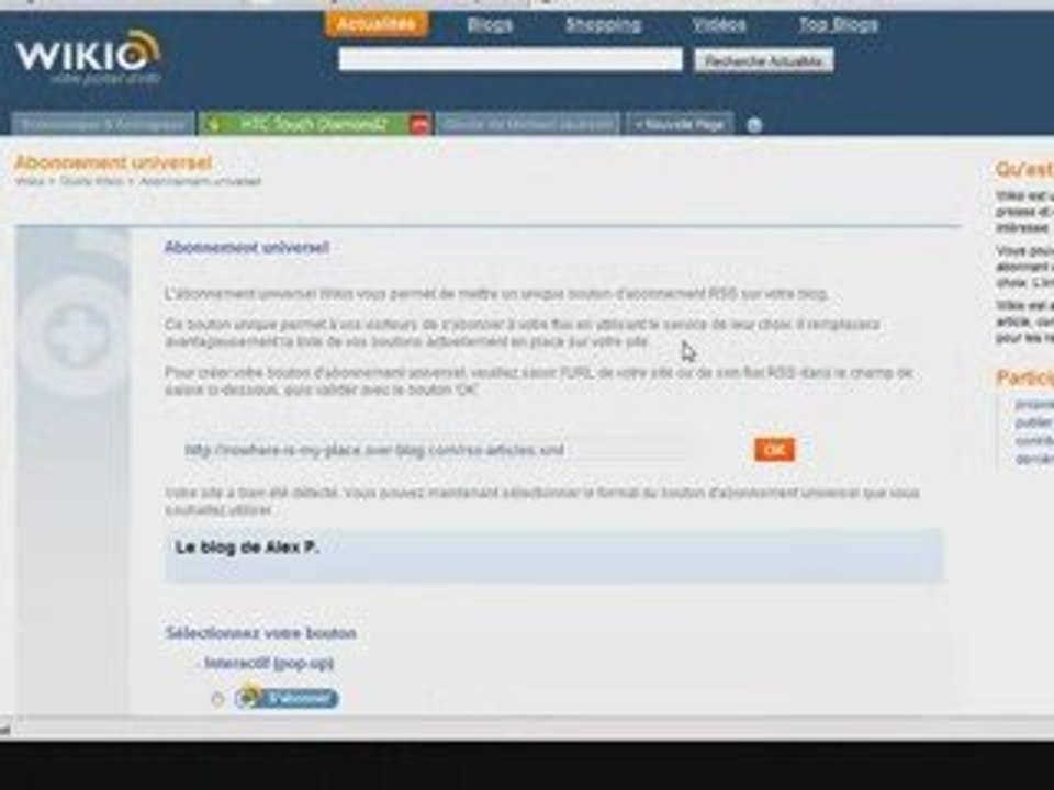 Installation - Bouton d'abonnement universel RSS - Over-Blog