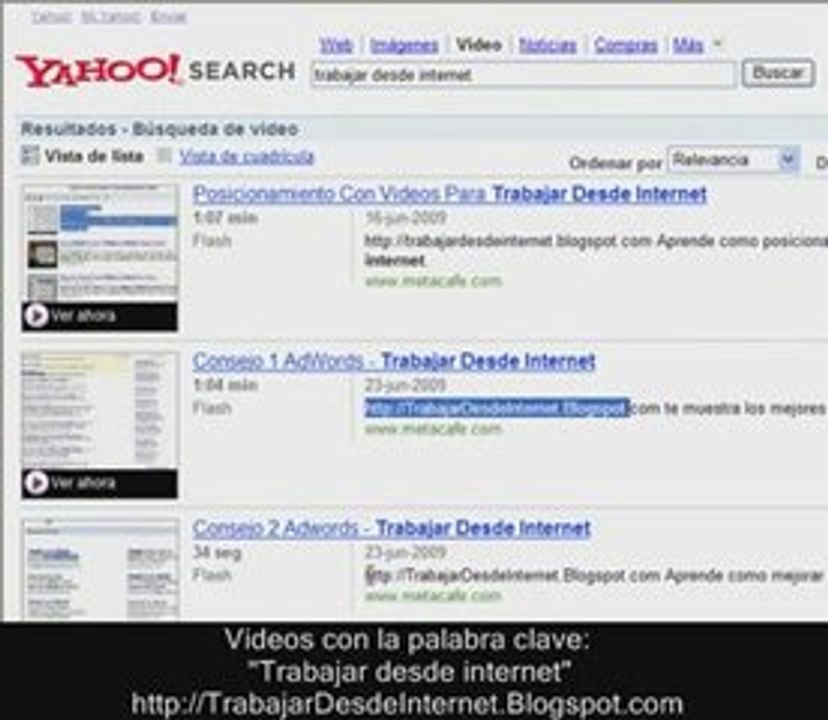 Posicionamiento con videos en Yahoo -Trabajar desde Internet