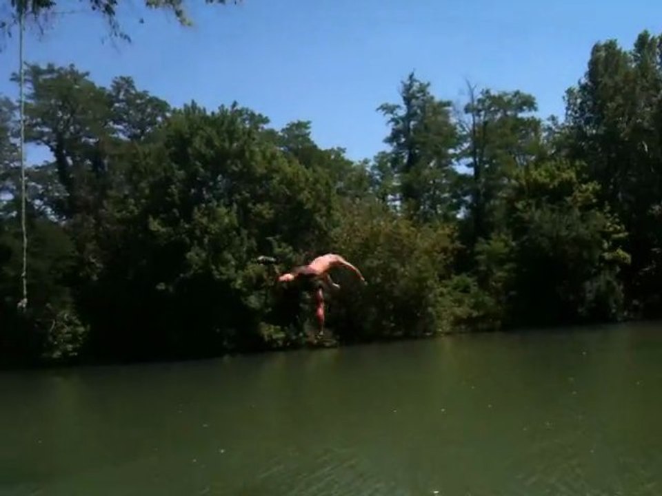 Régis saute d'un arbre