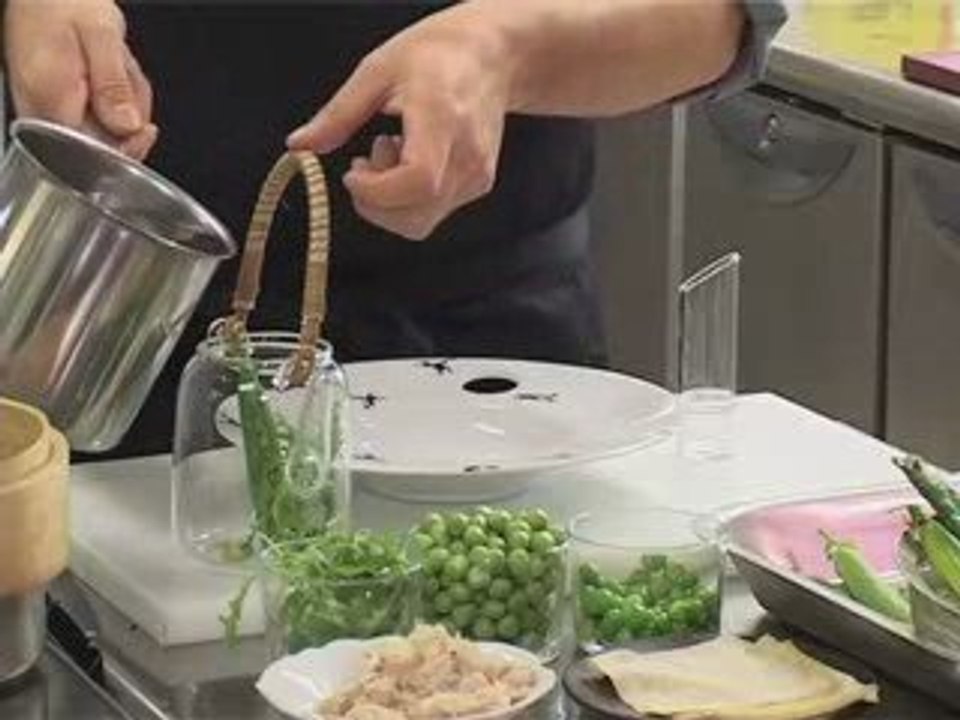 Raviolis petit pois et tourteau au thé végétal