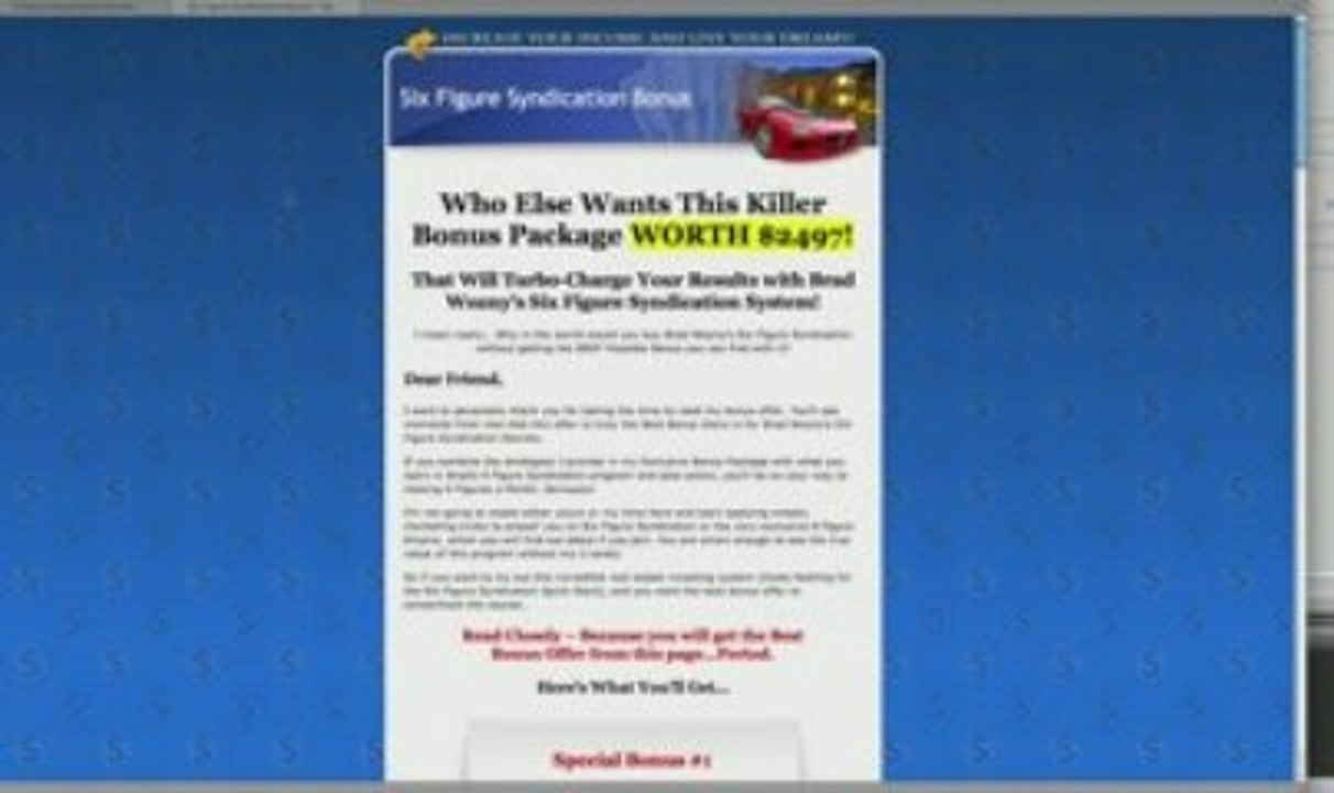 Six Figure Syndication Bonus and Review from Brad Wozny