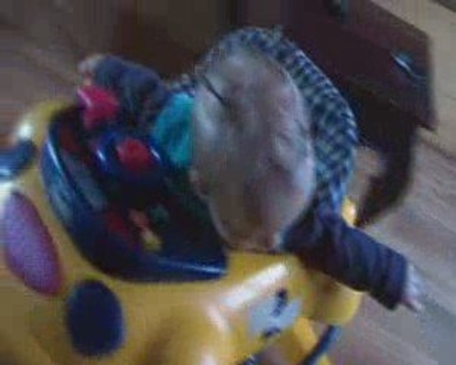 léa dans son trotteur avec ses petites couettes et sa pince