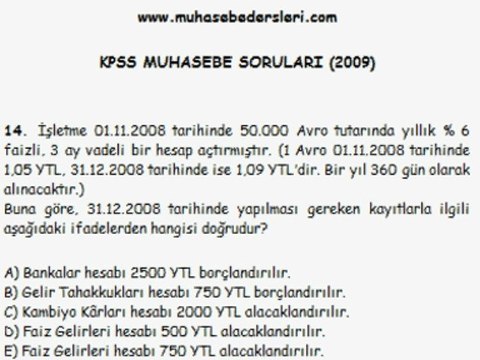 Muhasebe Dersleri | 2009 kpss muhasebe soru 14