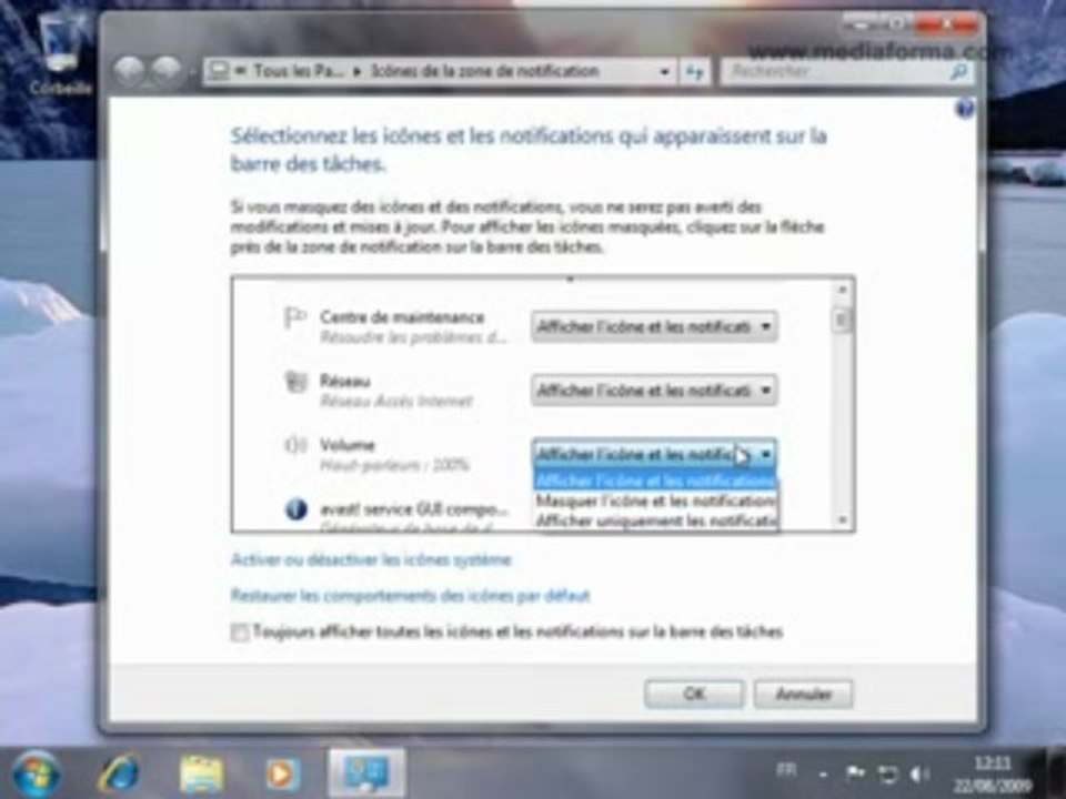 Comportement des icônes de la Zone de notification
