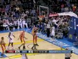 NBA Russell Westbrook blocks the ball at one end of the floo