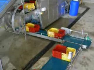 Convoyeurs avec retourneurs de caisses et laveuse intégrée