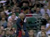 NBA LeBron James draws the foul and throws up a circus shot