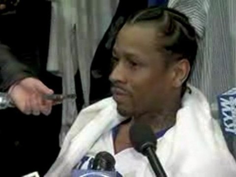 NBA Allen Iverson talks to the media after his first game ba