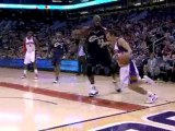 NBA Steve Nash drives baseline around Shaquille O'Neal for t