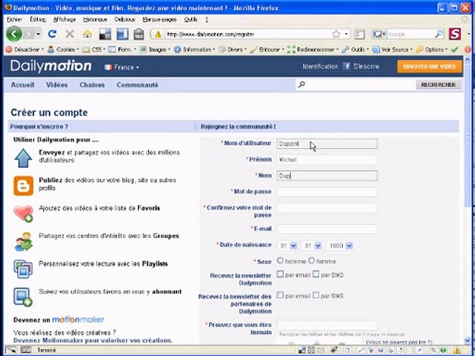 Créer un compte Dailymotion