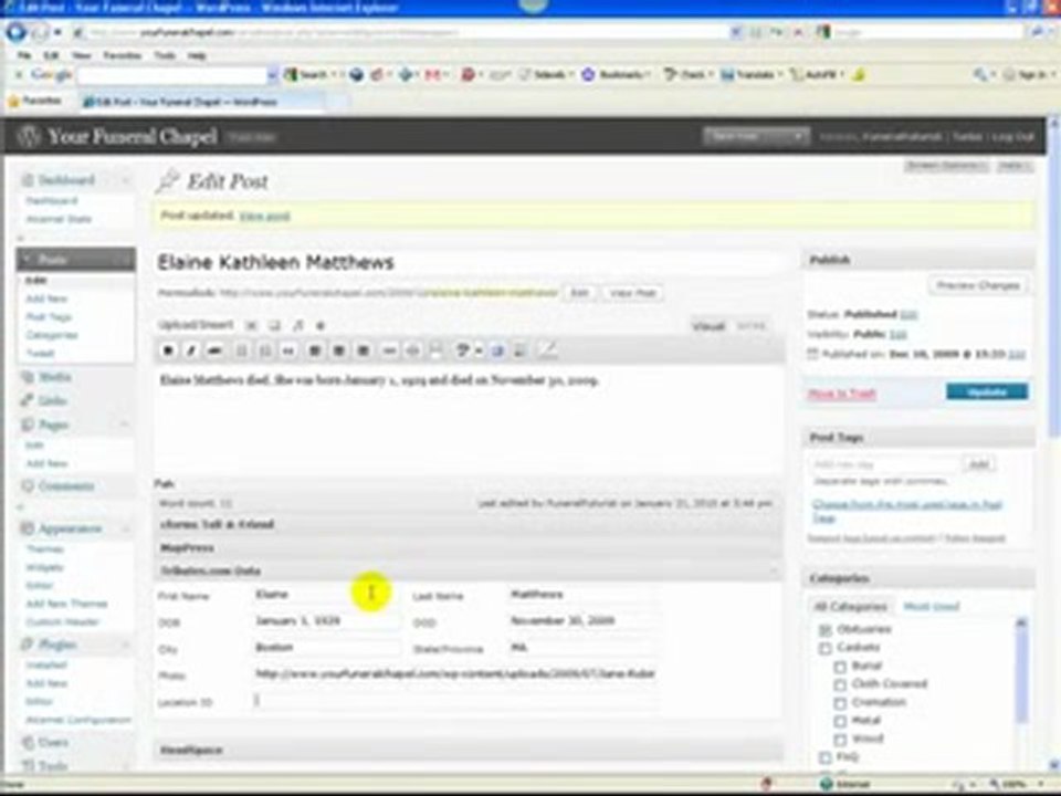 Tributes.com Plugin for Funeral Web Sites Training  Video