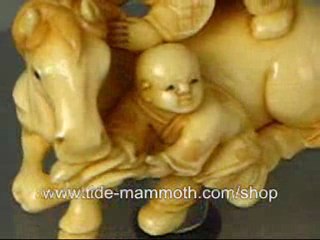 mammoth ivory netsuke figurine two kids and horse H1546