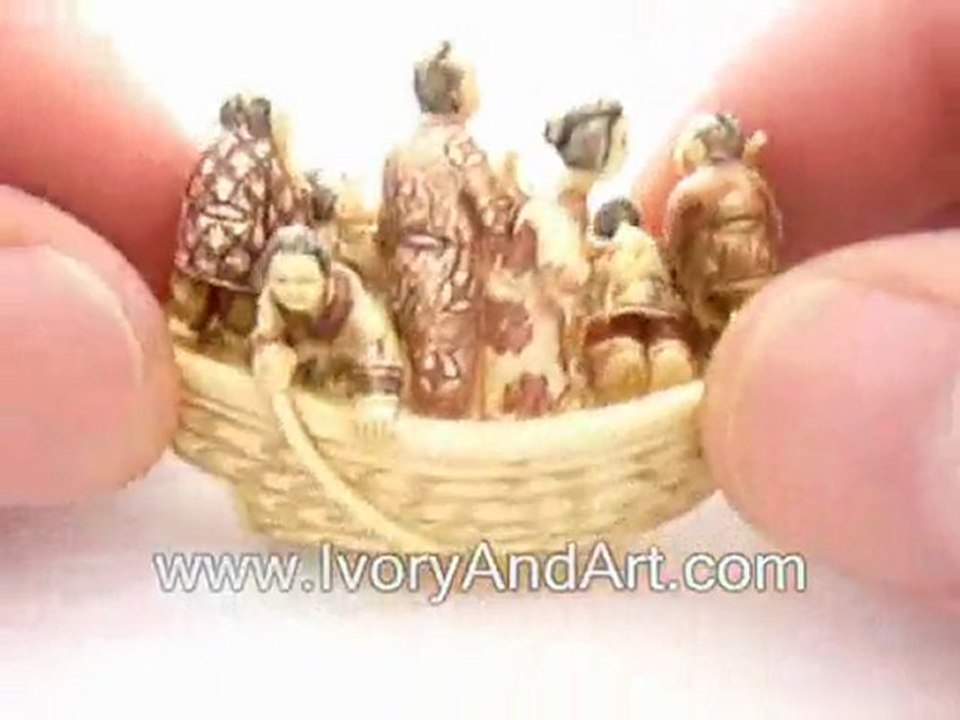 NMammoth ivory Netsuke - 9 Japanese Sailing on a boat