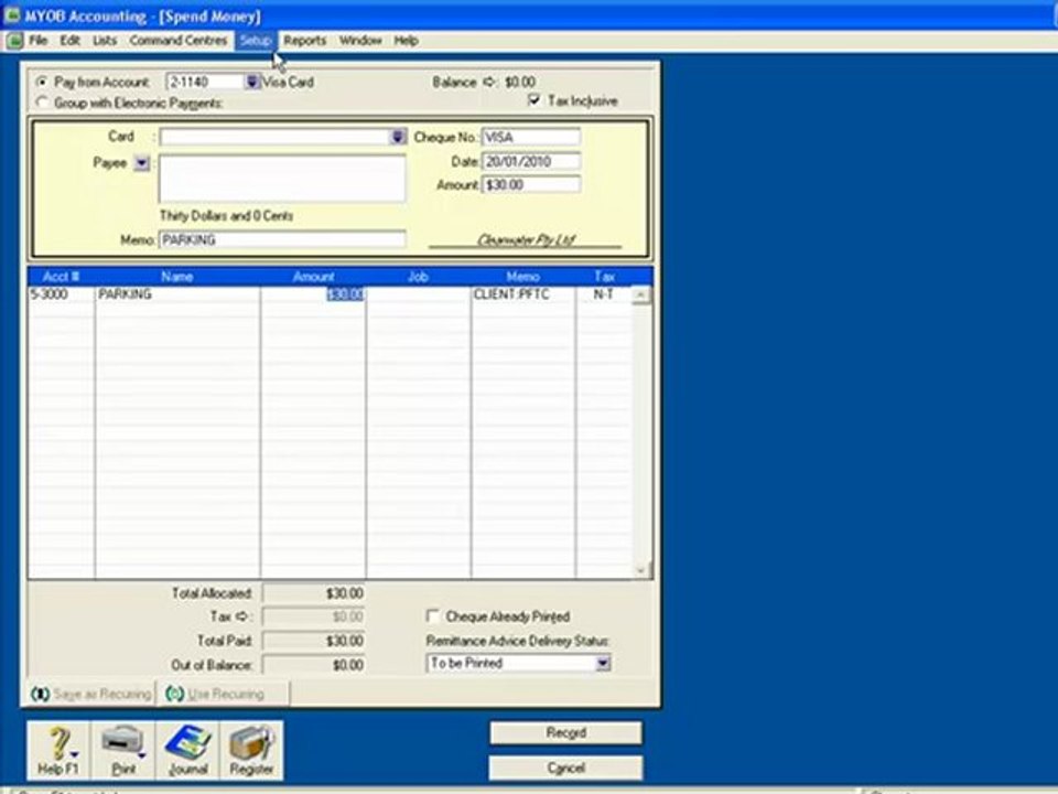 Processing simple recurring transactions in MYOB
