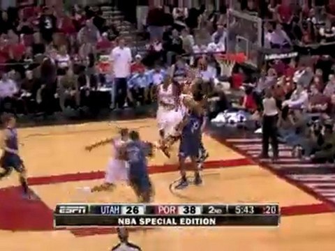 Nicolas Batum blocks a shot off the backboard. Brandon Roy