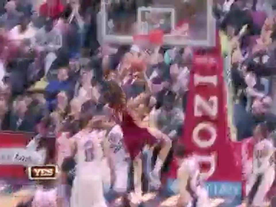 LeBron James tosses a crazy high-stepping bounce pass to And