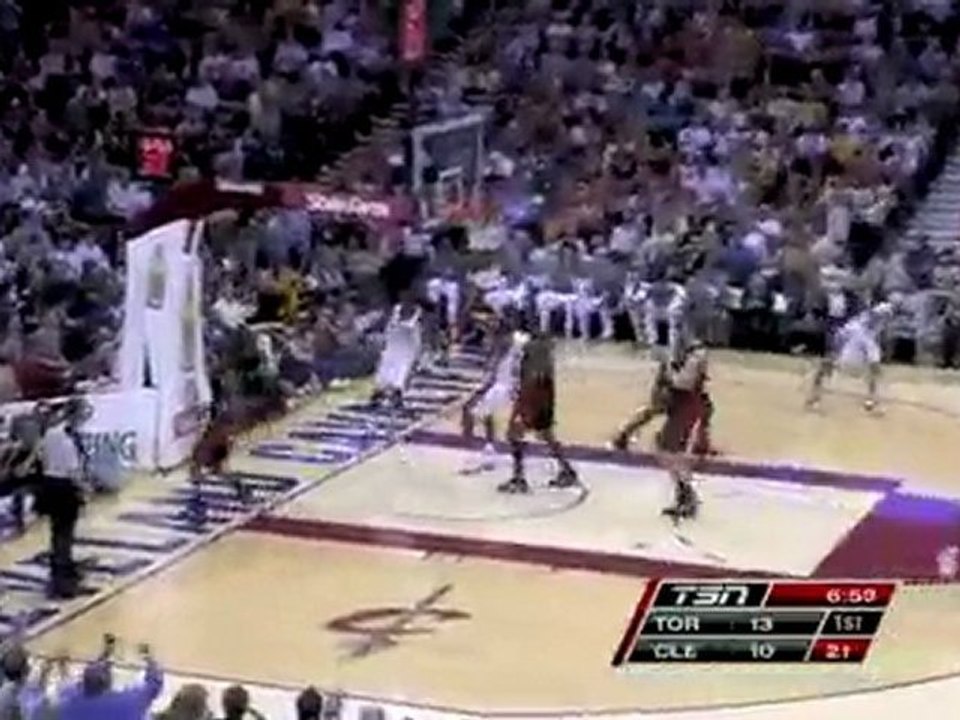 LeBron James gets the big block on defense and then gives th