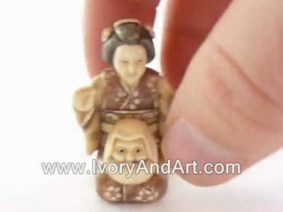 Mammoth Ivory Netsuke Japanese Woman with Snow God