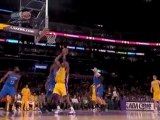 Kobe Bryant gives the nice fake to get the hoop and the harm