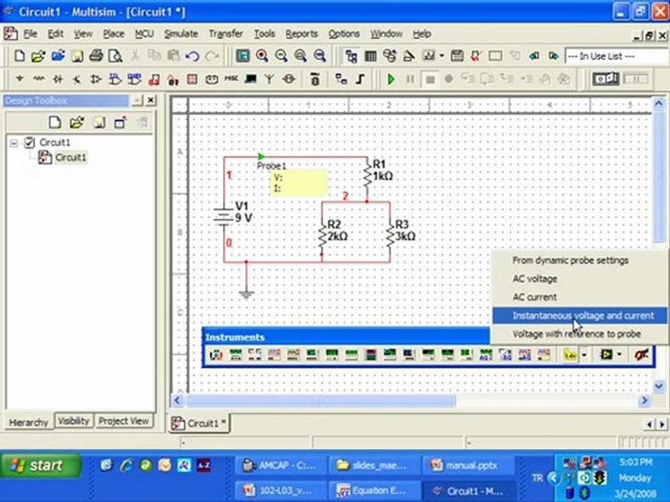simulation of  a voltage current division circuit