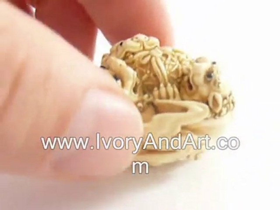 Mammoth Ivory Netsuke - 3 Temple Lions With a  Ball