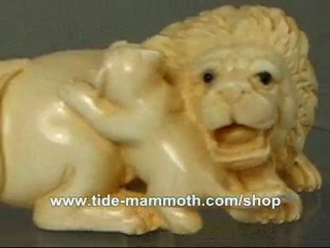 mammoth ivory netsuke Two Lions Carving N2991