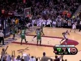 LeBron James throws a nice pass to Shaquille O'Neal, who fin