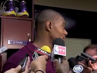 Lakers center Andrew Bynum talks to the media after Sunday's