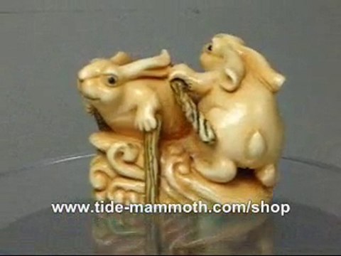 mammoth ivory animal netsuke Two Rabbits Surfing N3017