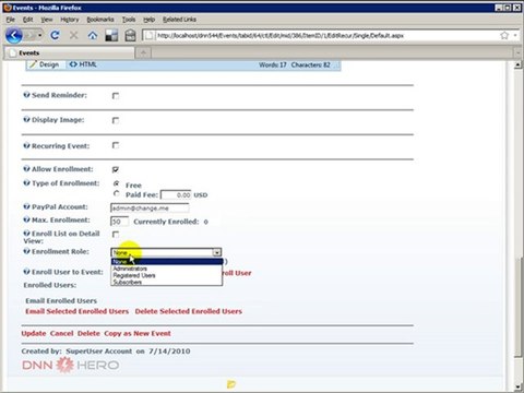 DotNetNuke Tutorial, User enrollment with the Events Module