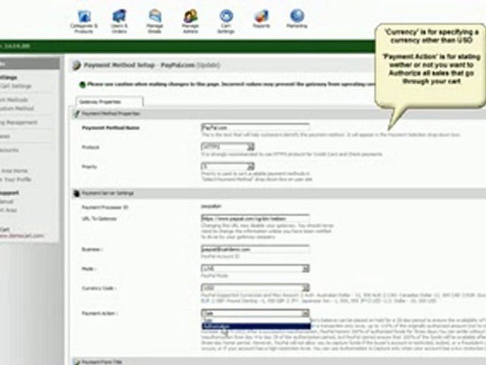 Shopping Cart software :Pinnacle :Setting Pay Pal Standard 2