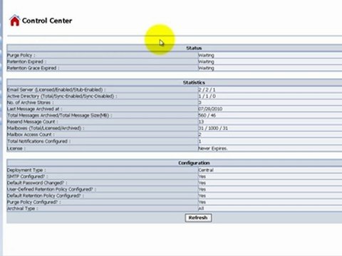 SonaVault for Email Archiving UI Demo: Home (Control Center)