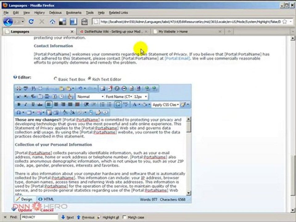 DotNetNuke Tutorial, Changing the "Privacy" and "Terms" Text