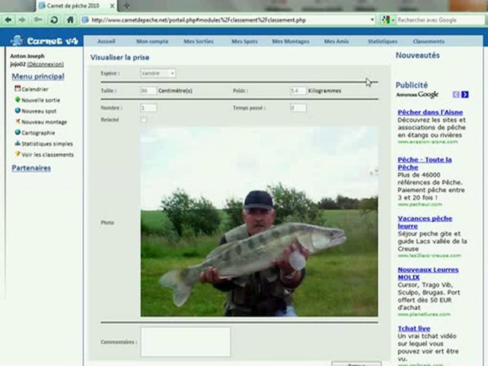 carnet personnel de pêche