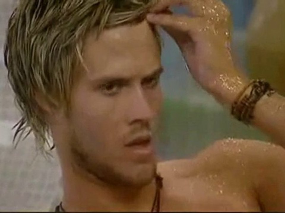 John James in the outside shower
