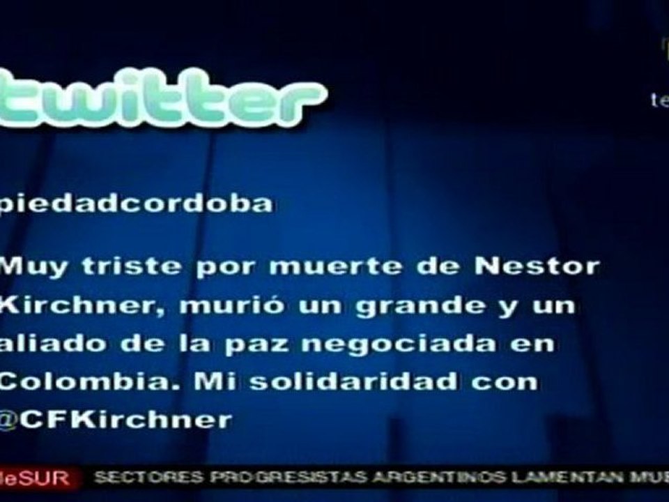 Expresan condolencias por muerte de Kirchner vía Twitter