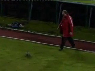 Football player throws duck out of pitch