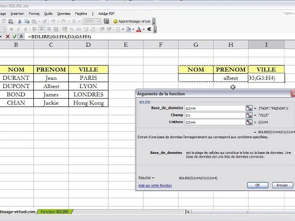 Fonction BDLIRE sur Excel