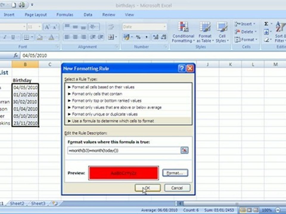 Highlight Dates this Month in Excel 2007