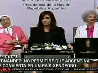 Cristina Fernández rechaza la xenofobia y pide disculpas a países "hermanos"