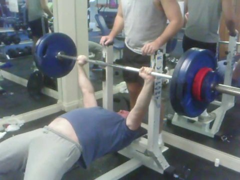 115kg by 9 reps, bench press, drop set.