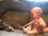 Il gatto gioca col nastro e il bimbo si sganascia