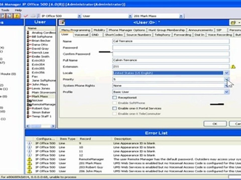 Creating New Users in Avaya IP Office Manager