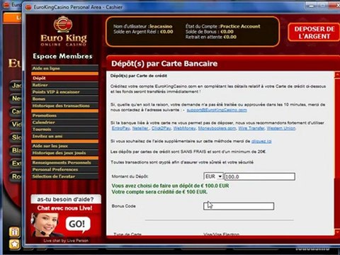 Deposer avec la carte credit Euroking casino