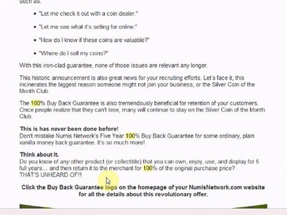 "Numis Network" Tutorial #4  "100% BUY BACK GUARANTEE"