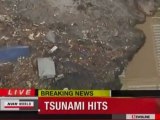 Момент удара цунами по берегу Японии