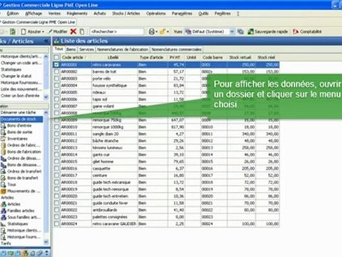 ebp pgi ligne pme - barre de menus gauche avec commentaires