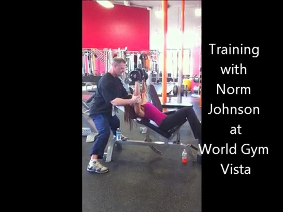 World Gym Vista weight training with Shirley Moran bikini champ